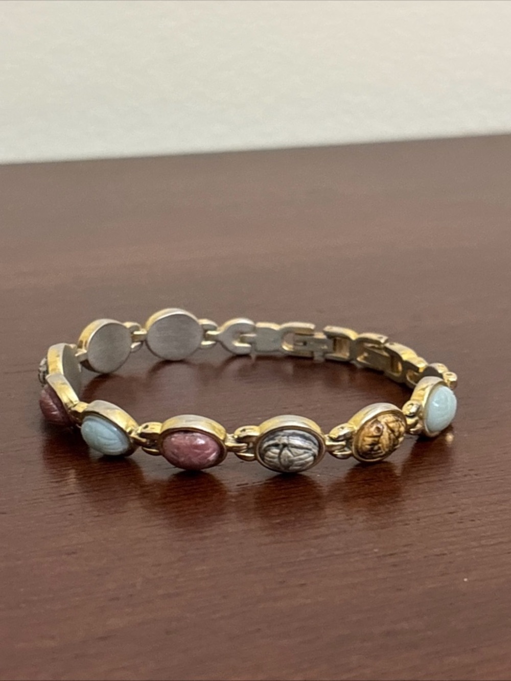 Scarab Carved Egyptian Revival Gold Tone Bracelet Vintage